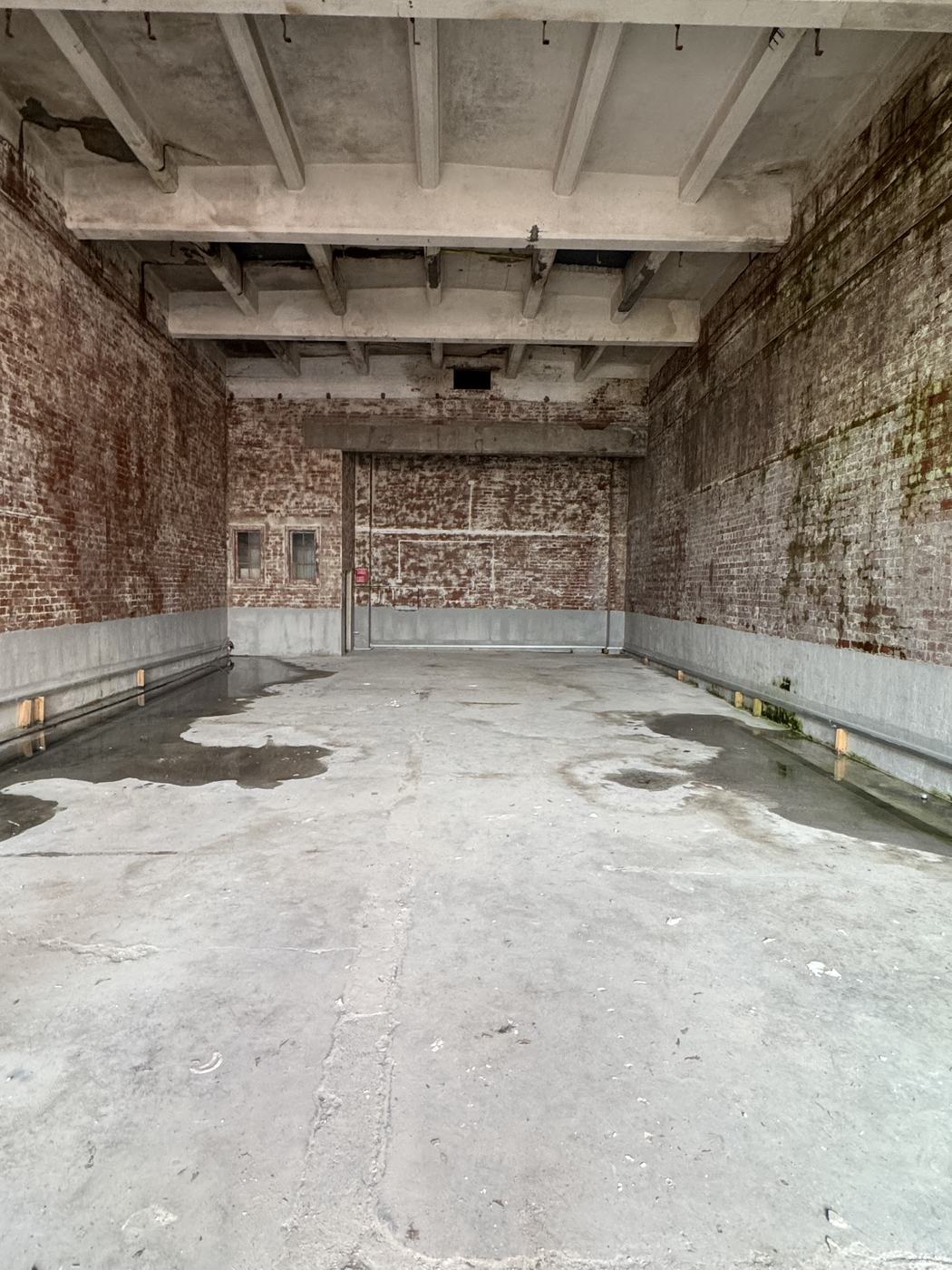 Bare brick lower-level walls with groundwater pooling across the concrete slab before waterproofing